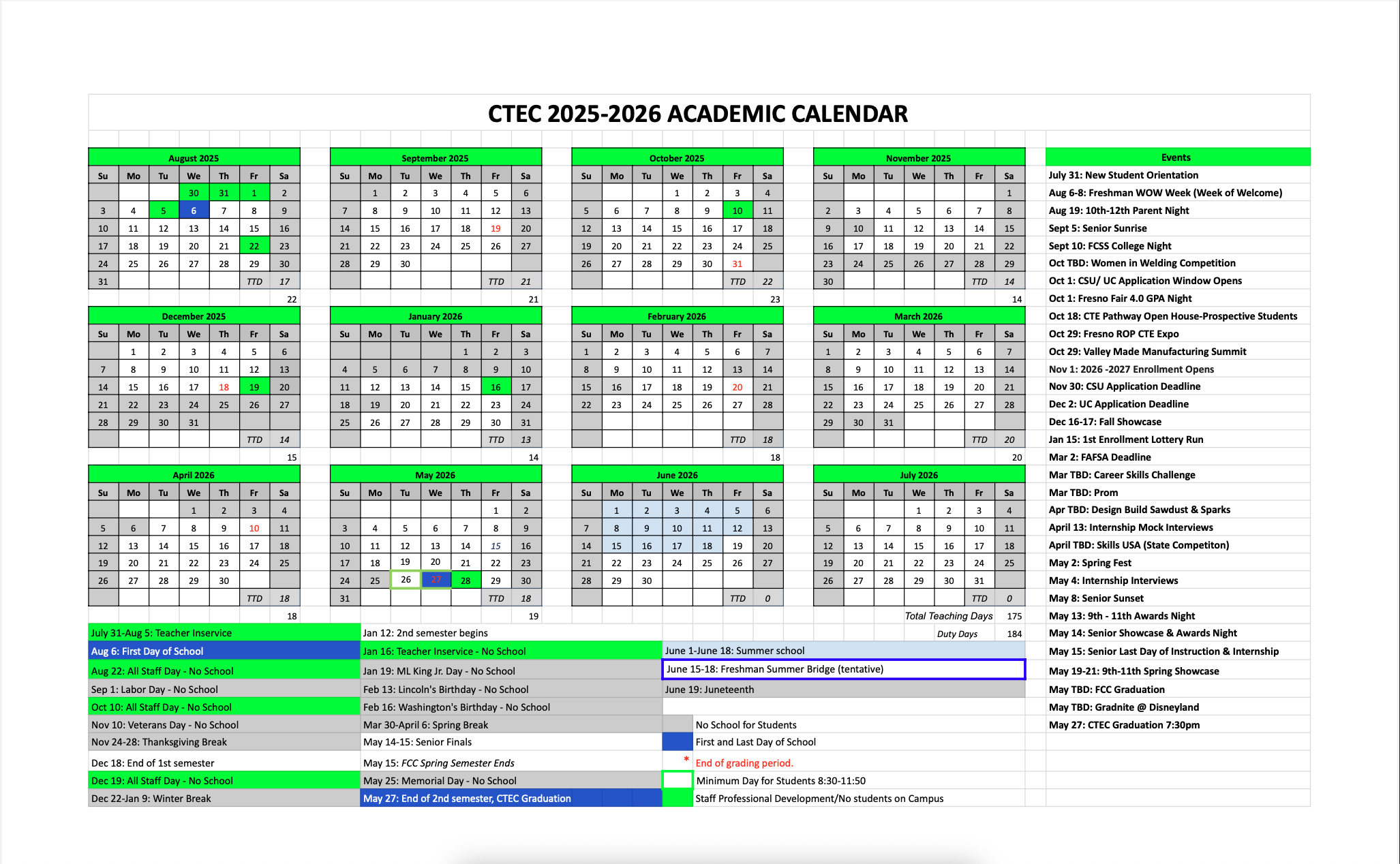 CTEC Academic Calendar 2025 - 2026