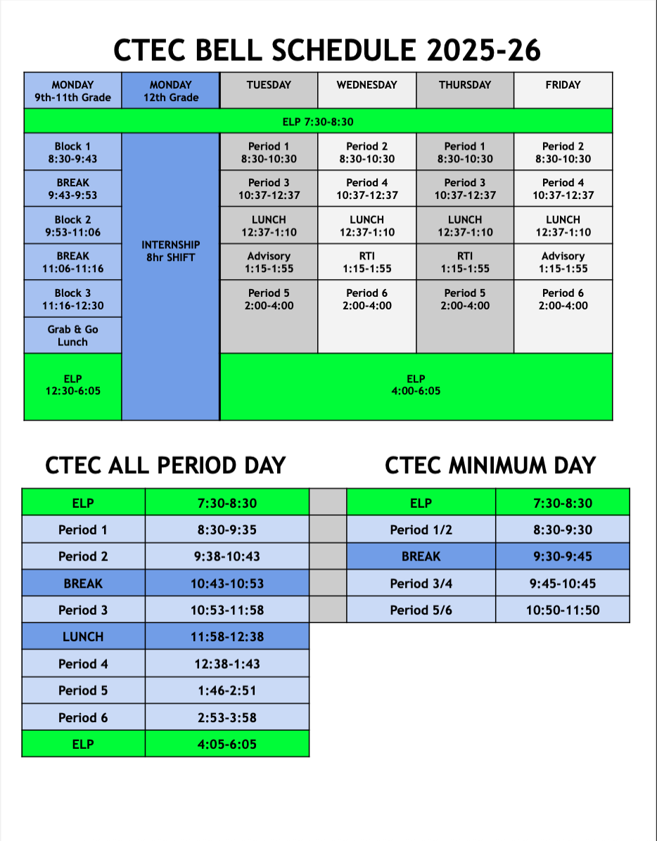 CTEC Bell Schedule for the 2025 - 2026 schedule